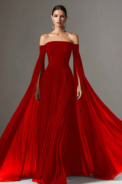 Sadie Burgundy Dress with Off Shoulder Neck and Chiffon Cape