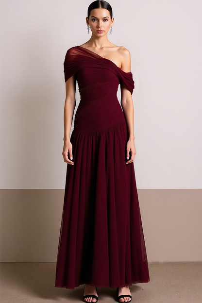 Delia Formal Dress with Off Shoulder Neck and Chiffon Skirt