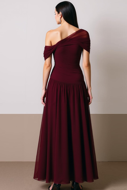 Delia Formal Dress with Off Shoulder Neck and Chiffon Skirt