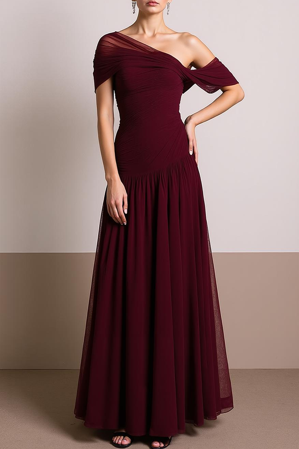 Delia Formal Dress with Off Shoulder Neck and Chiffon Skirt