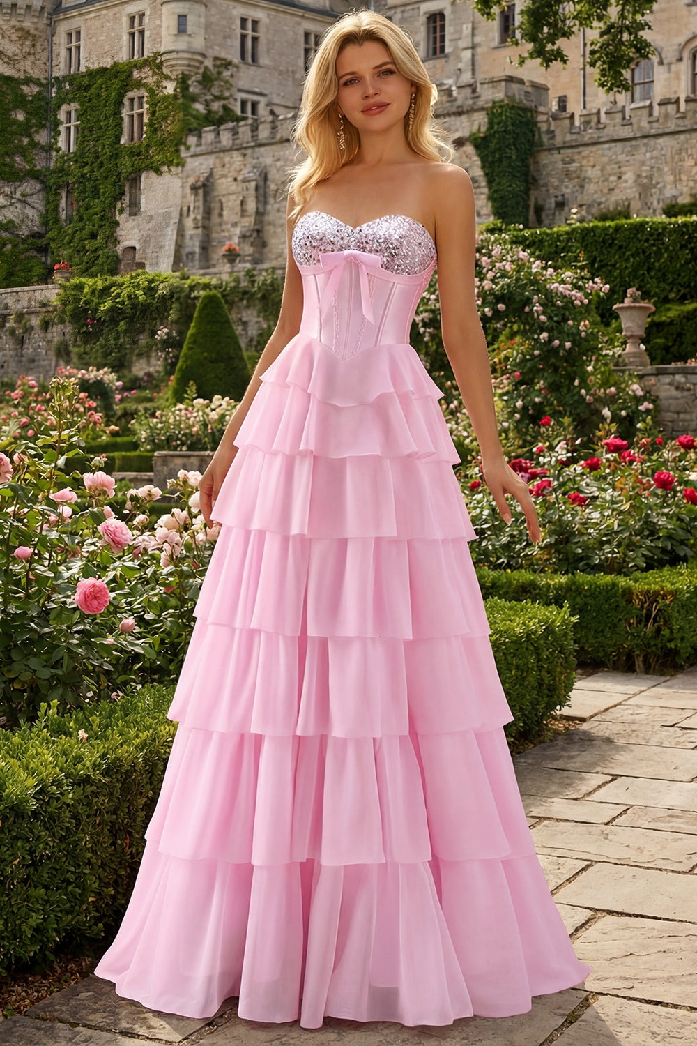Savannah Sequin Dress with Corset Bodice and Tiered Ruffles
