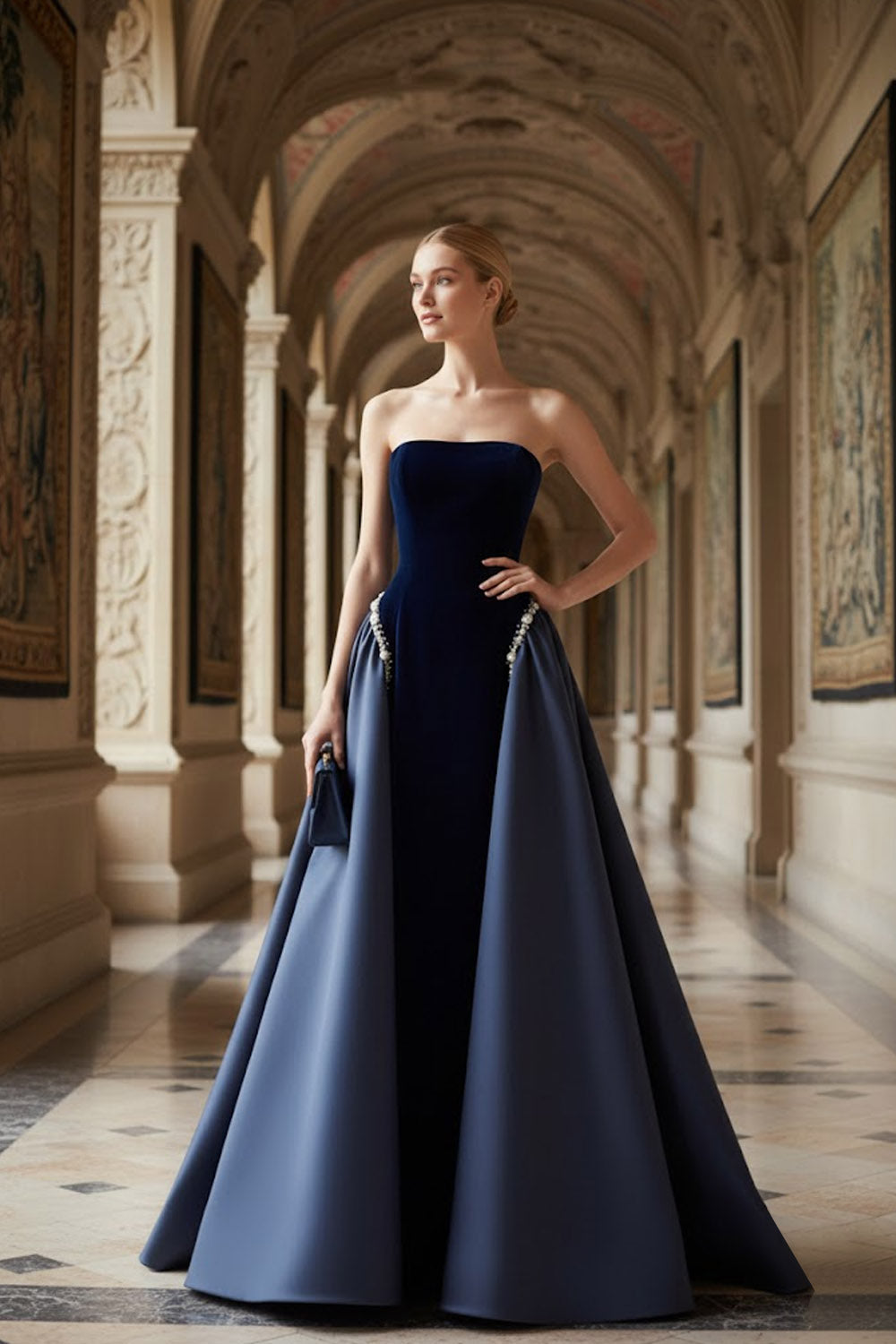 Hester Velvet Dress with Strapless Bodice and Cape Back