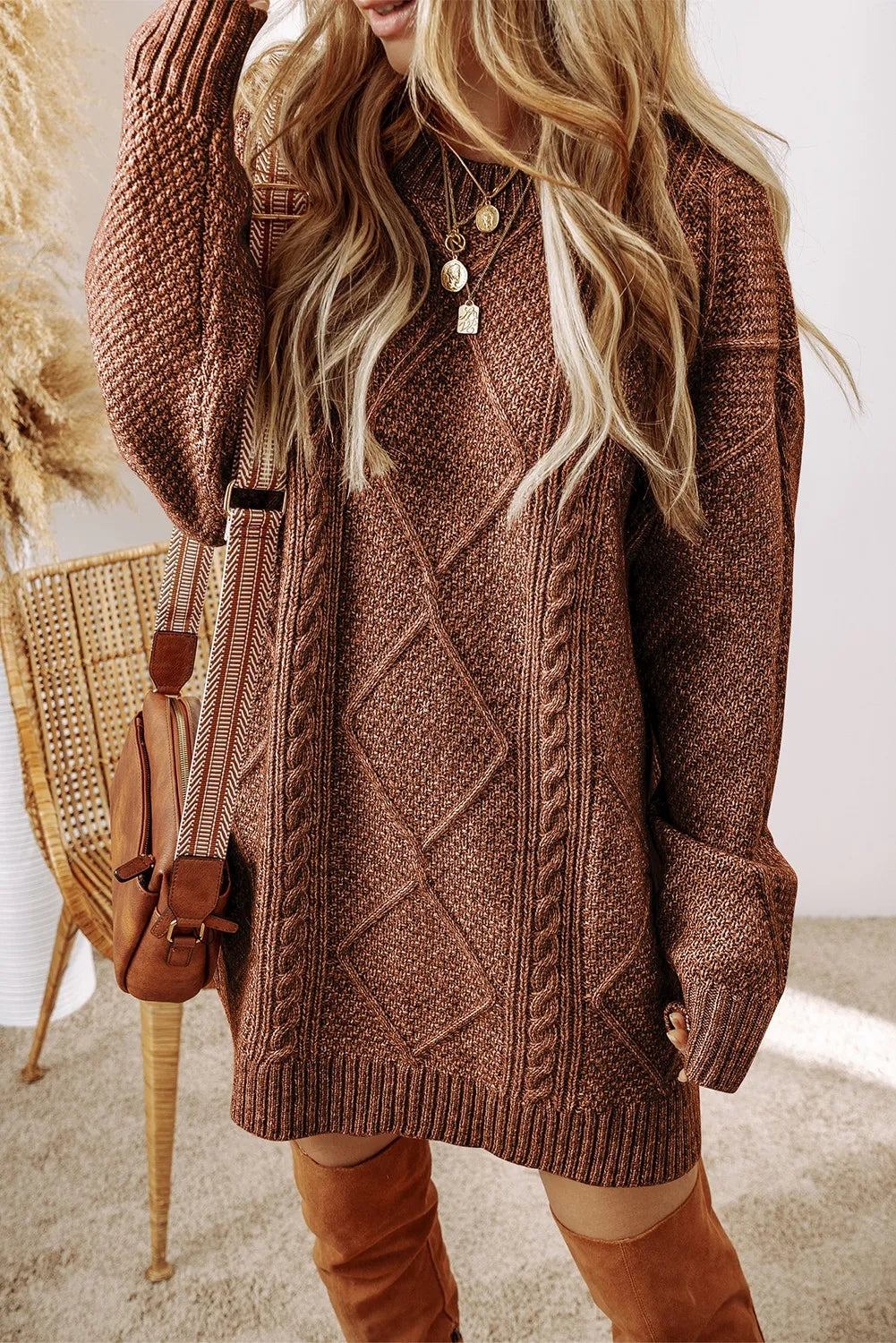 Dagny Sweater Dress with Cable Knit and Round Neck