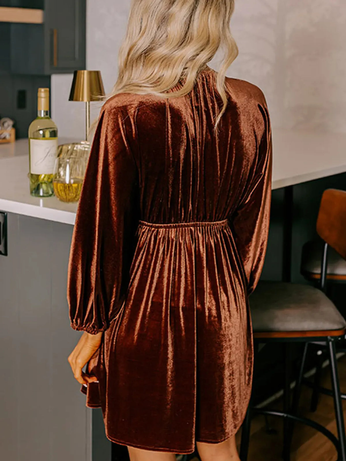 Perrine Velvet Dress with Puff Sleeves and Deep V Neck