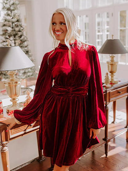 Fenna Velvet Dress with Tie Neck and Balloon Sleeves