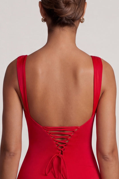 Miriam Red Dress with Square Neck and Tie Up Back