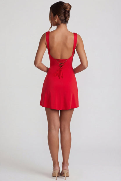Miriam Red Dress with Square Neck and Tie Up Back