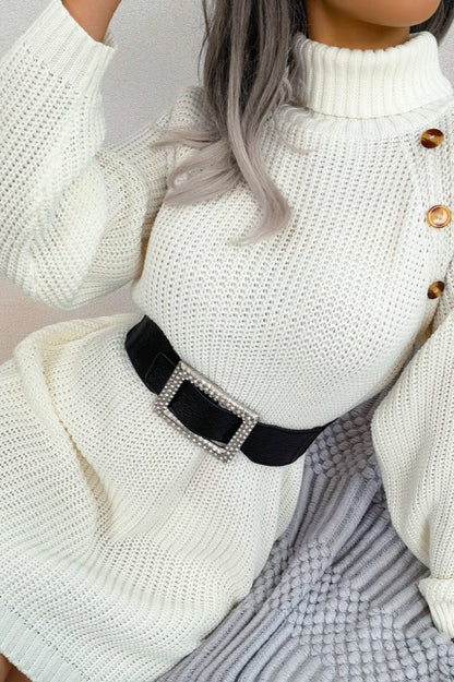 Hedda Sweater Dress with Belted Waist and Shoulder Buttons