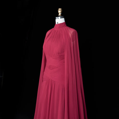 Leigh Evening Gown with Pleated Chiffon and Cape Detail