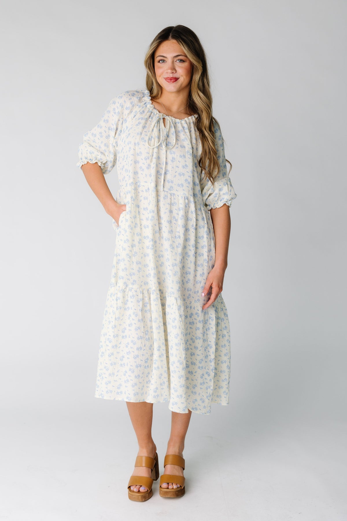 Pearl Cream Dress with Broderie Detail and Puff Sleeves