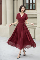 Florine Burgundy Dress with Wrap Front and Flared Skirt