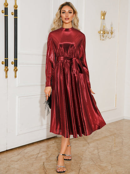 Cecily Long Sleeve Dress with Pleated Metallic and Tie Waist