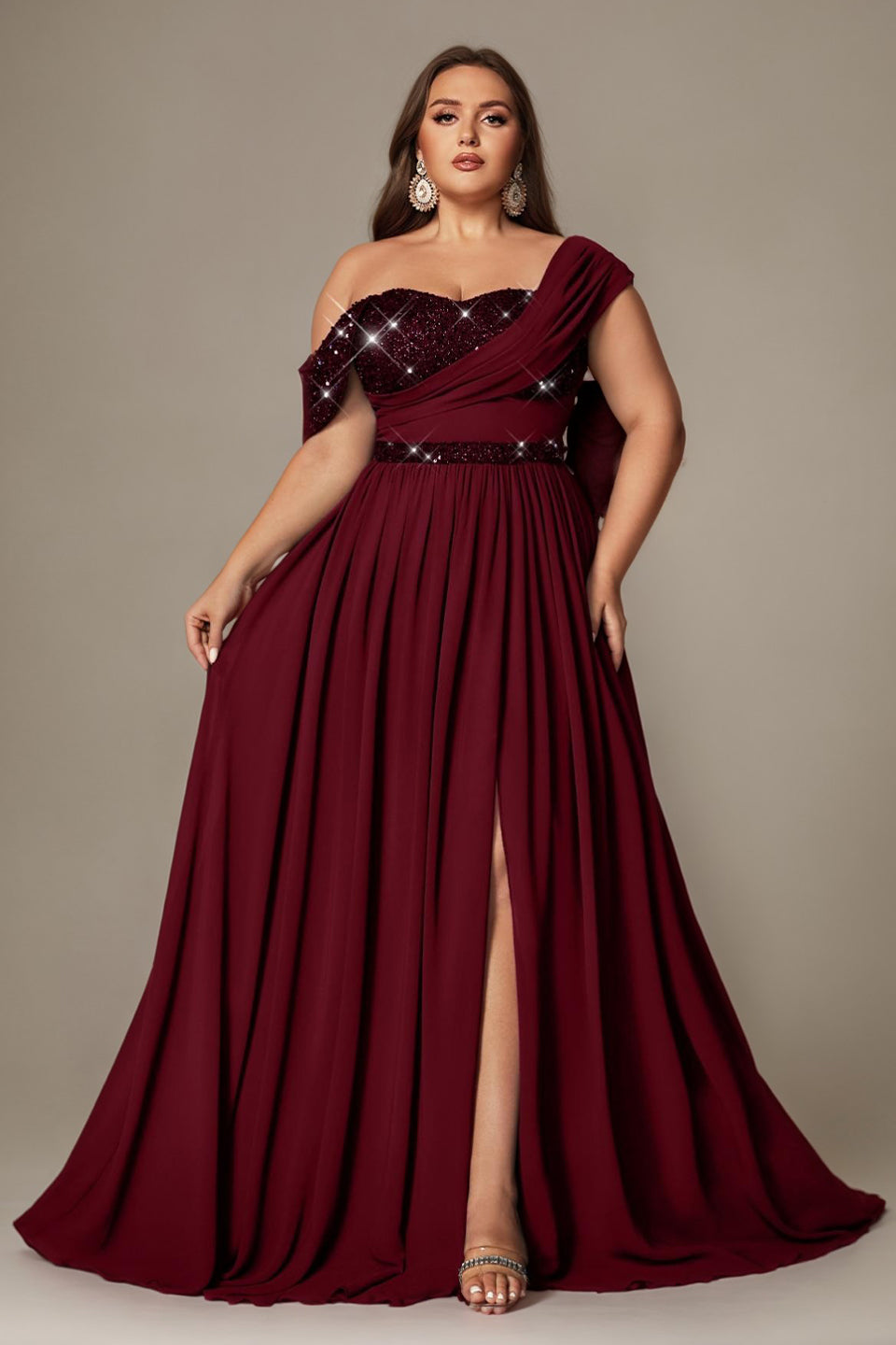 Ottilie Sequin Dress with Off-Shoulder Neck and Side Slit