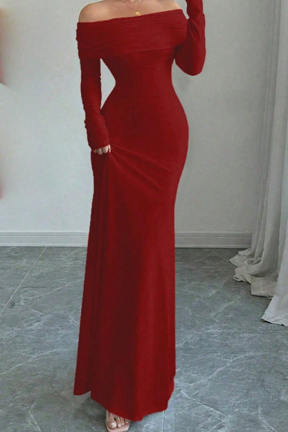 Gemma Long Sleeve Dress with Off Shoulder Neck and Mermaid Hem