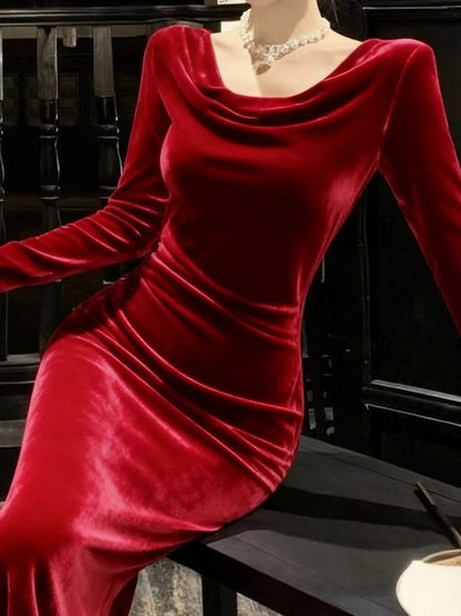 Isolde Velvet Dress with Cowl Neck and Long Sleeves