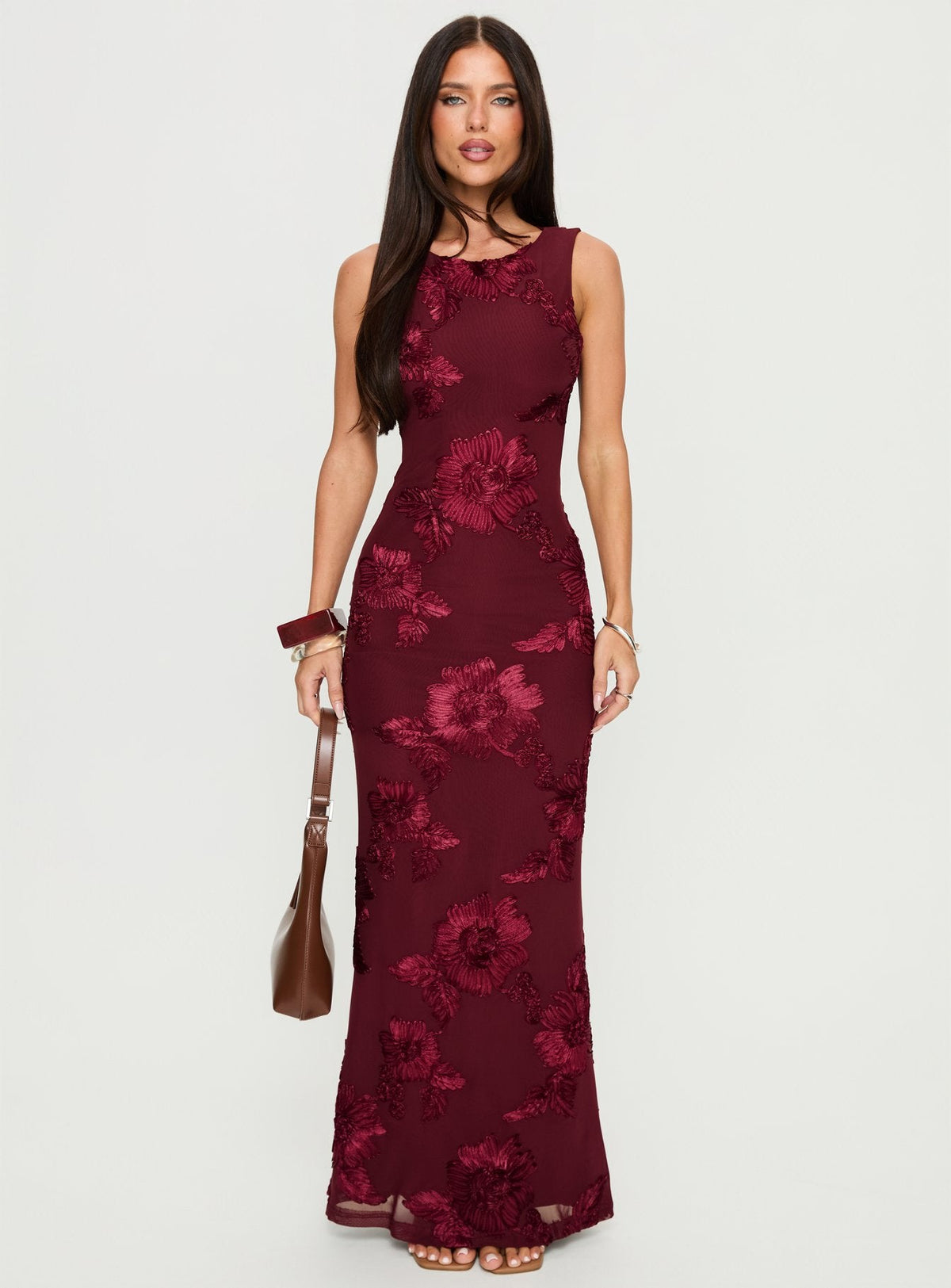 Jara Burgundy Dress with Floral Embroidery and Side Slit