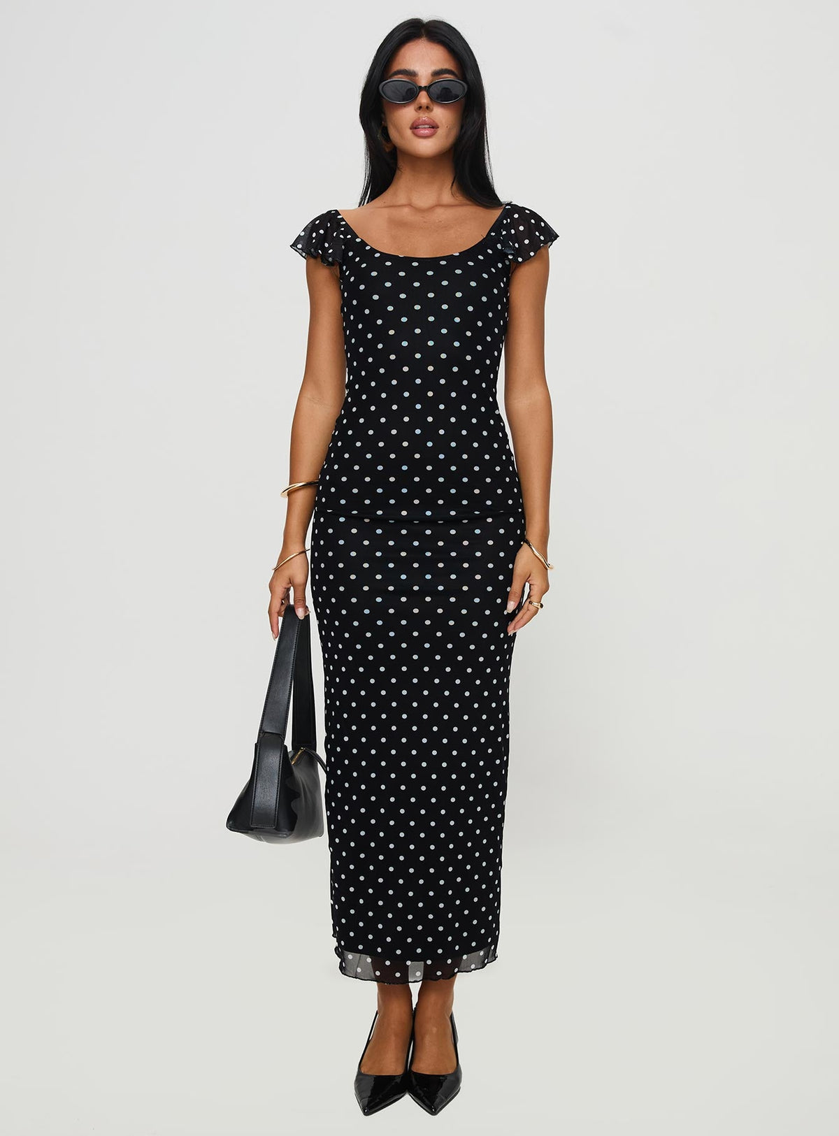 Aderyn Black Dress with Polka Dots and Boat Neckline