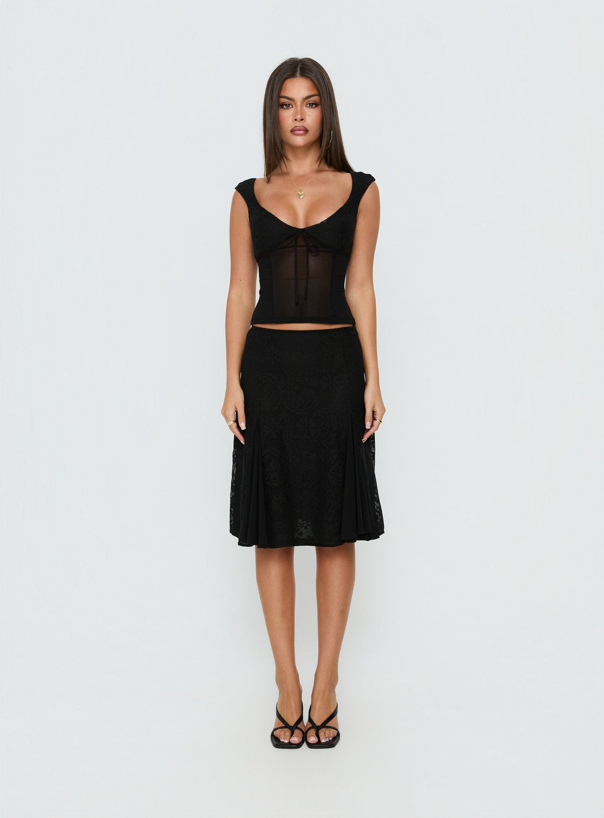 Emmy Black Skirt with Lace Panels and Midi Length