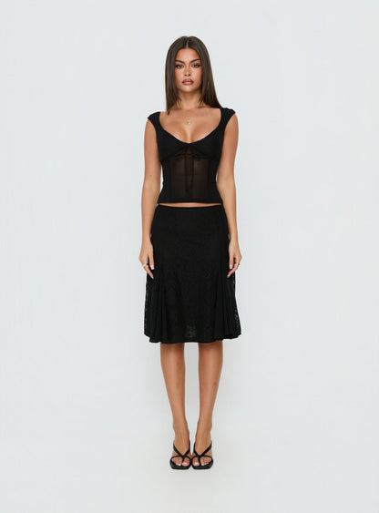 Emmy Black Skirt with Lace Panels and Midi Length