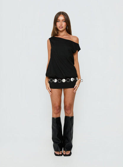 Oriel Black Mini Dress with One Shoulder and Chain Hem