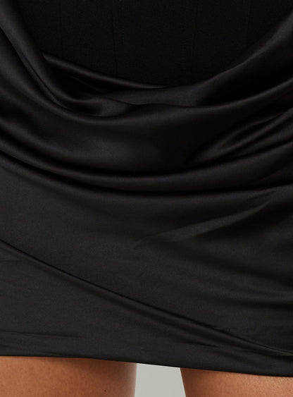 Calla Black Mini Dress with Corset Bodice and Draped Skirt