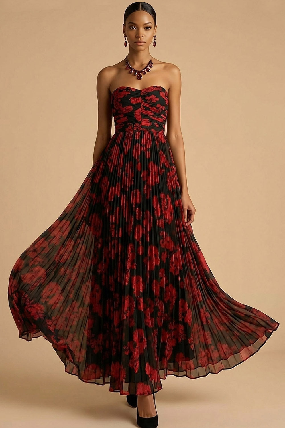 Tallulah Red Dress with Floral Print and Pleated Skirt