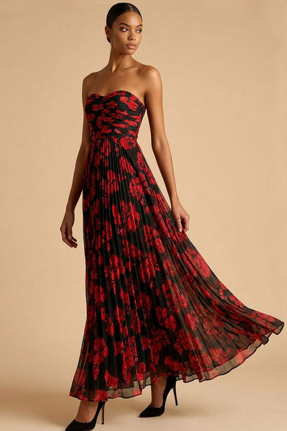 Tallulah Red Dress with Floral Print and Pleated Skirt