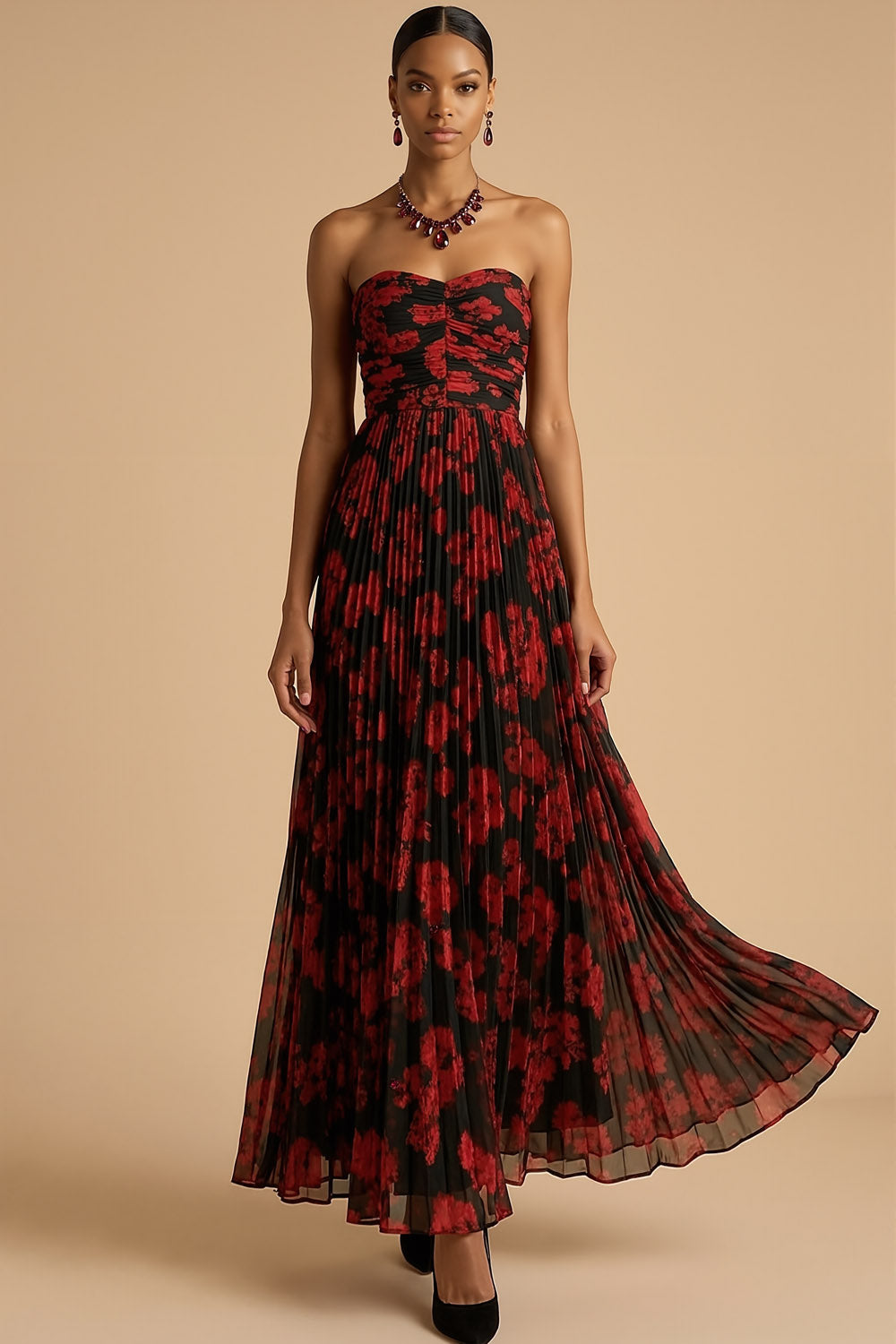 Tallulah Red Dress with Floral Print and Pleated Skirt