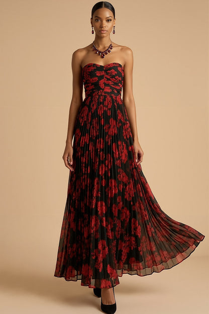 Tallulah Red Dress with Floral Print and Pleated Skirt