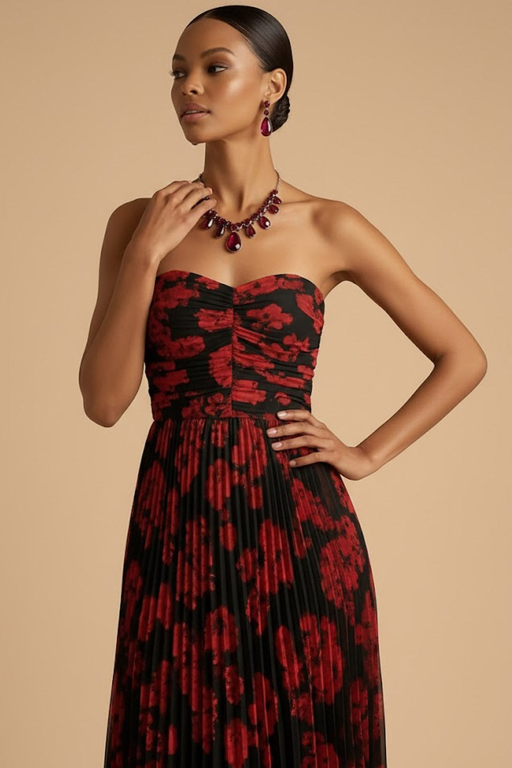 Tallulah Red Dress with Floral Print and Pleated Skirt
