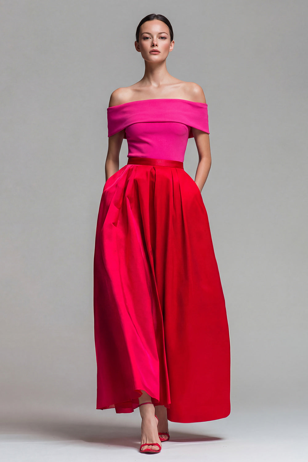 Leocadie Red Dress with Off Shoulder Neck and Colour Block