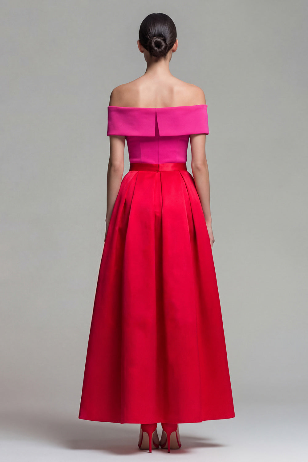 Leocadie Red Dress with Off Shoulder Neck and Colour Block