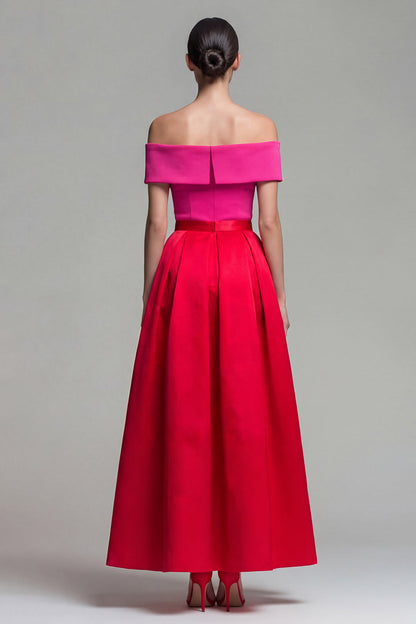 Leocadie Red Dress with Off Shoulder Neck and Colour Block