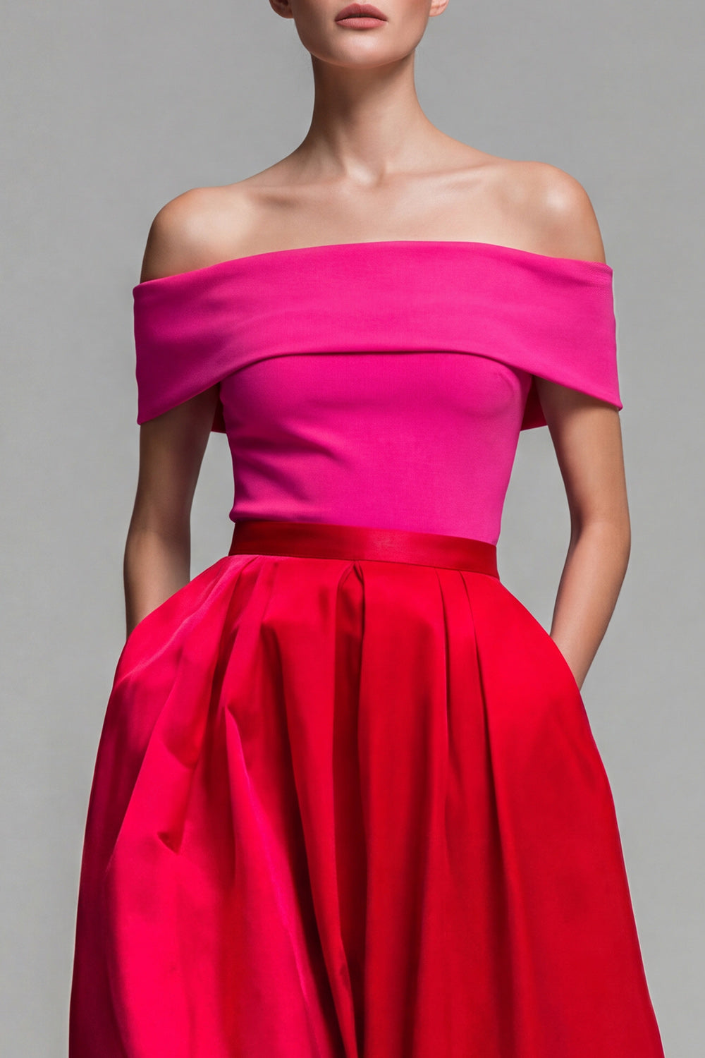 Leocadie Red Dress with Off Shoulder Neck and Colour Block