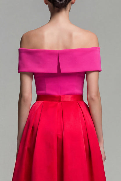 Leocadie Red Dress with Off Shoulder Neck and Colour Block