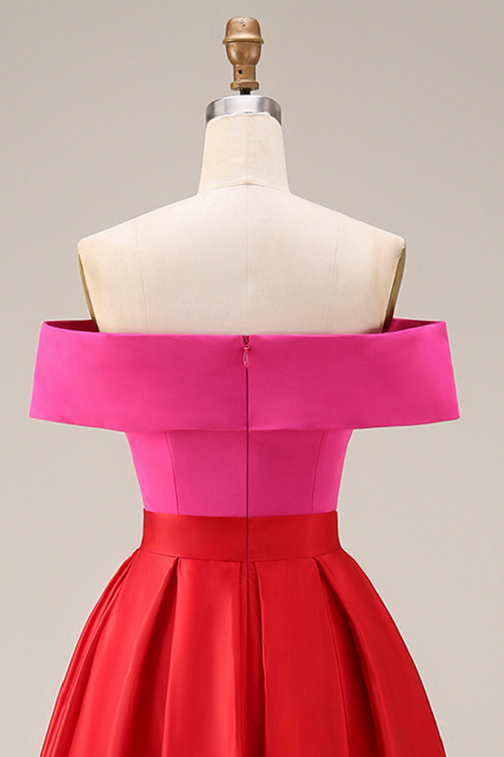 Leocadie Red Dress with Off Shoulder Neck and Colour Block