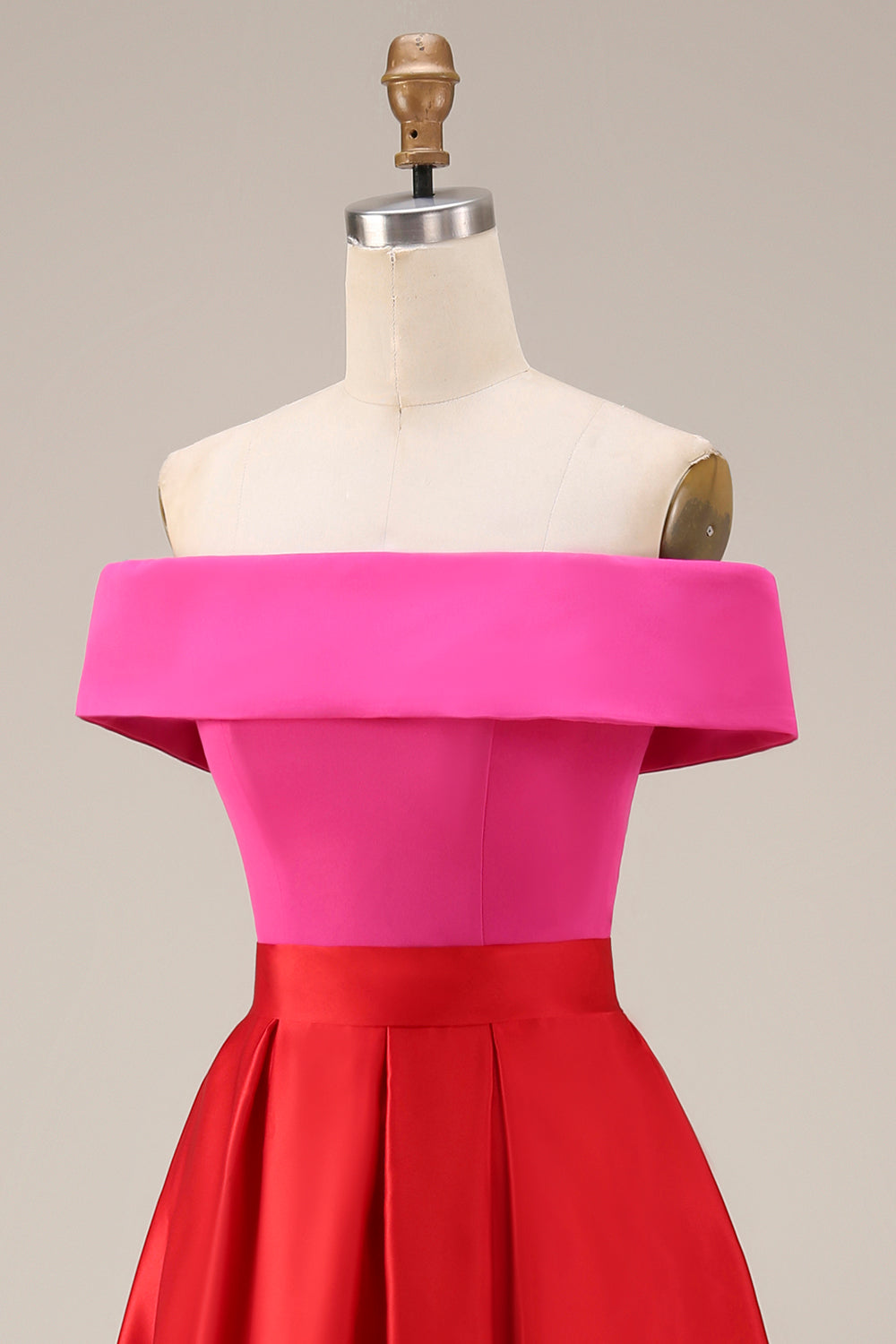 Leocadie Red Dress with Off Shoulder Neck and Colour Block