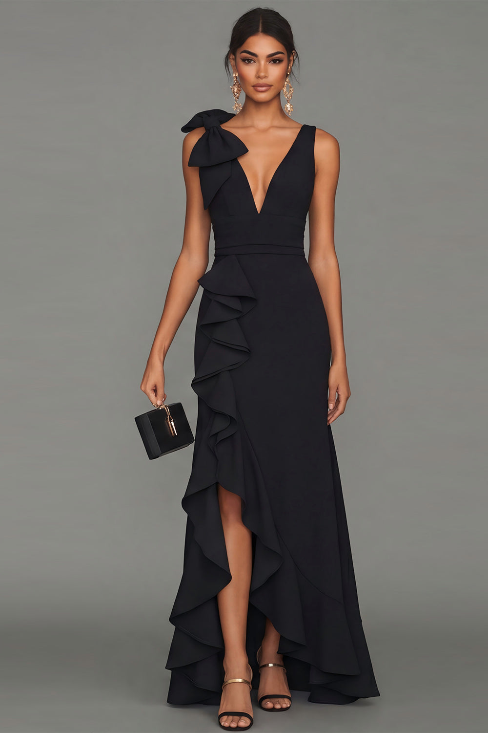 Callista Formal Dress with V Neck and Ruffled Skirt