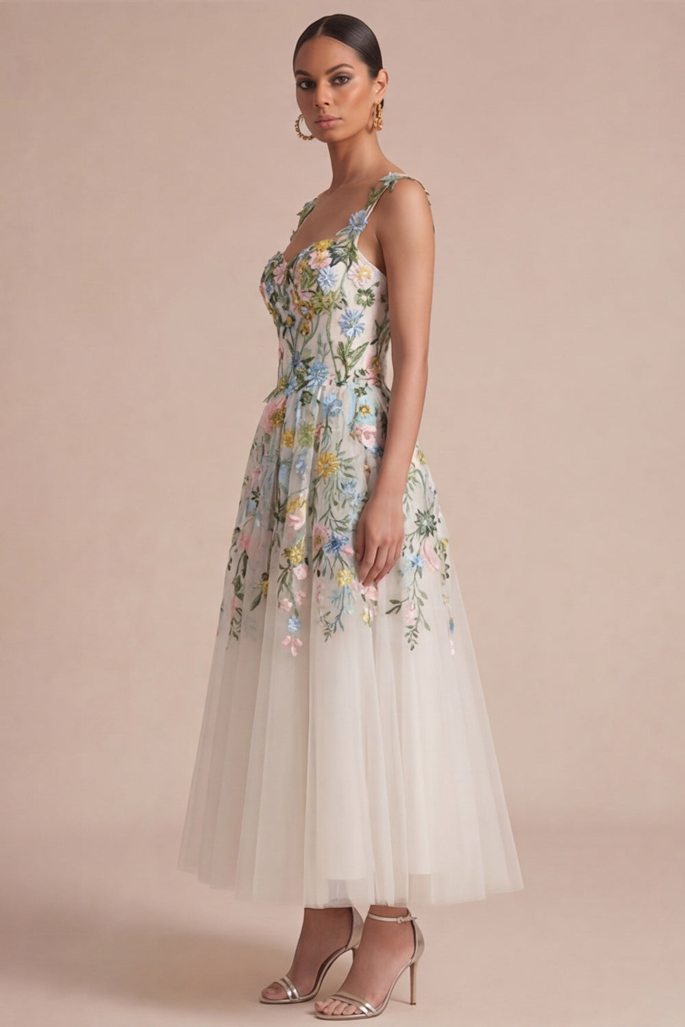 Caelia Floral White Midi Dress