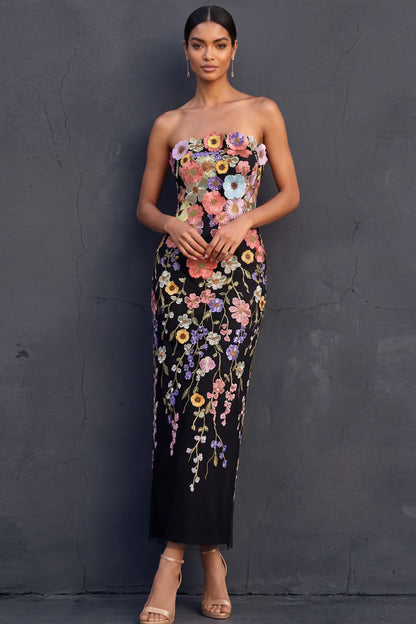 Aleta Floral Appliqué Strapless Midi Dress