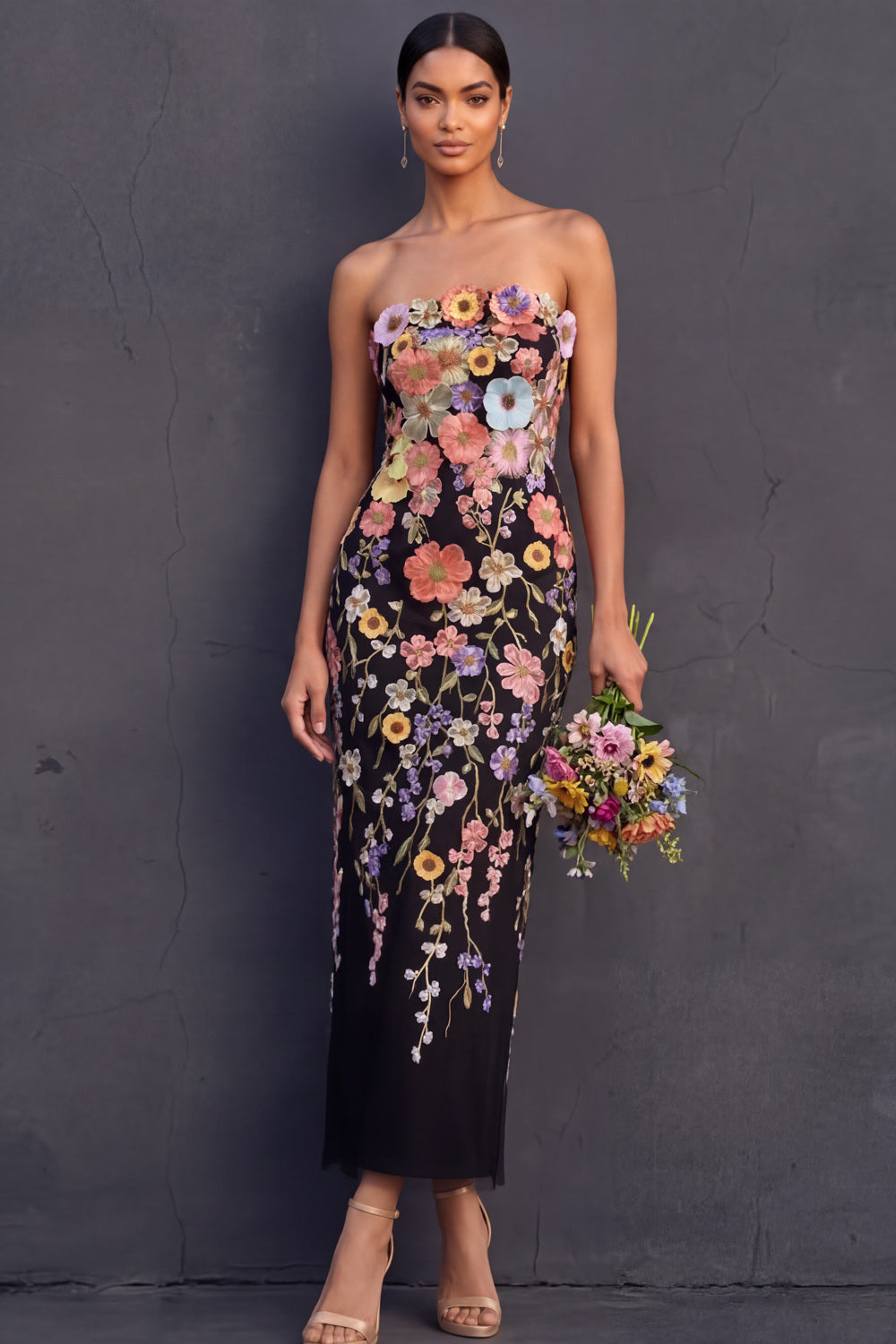 Aleta Floral Appliqué Strapless Midi Dress
