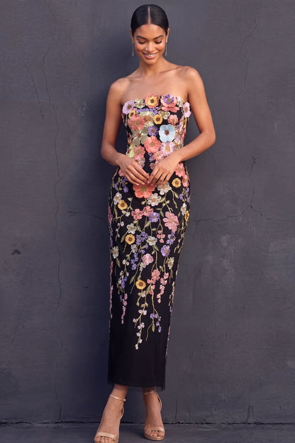 Aleta Floral Appliqué Strapless Midi Dress