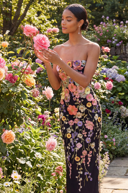 Aleta Floral Appliqué Strapless Midi Dress