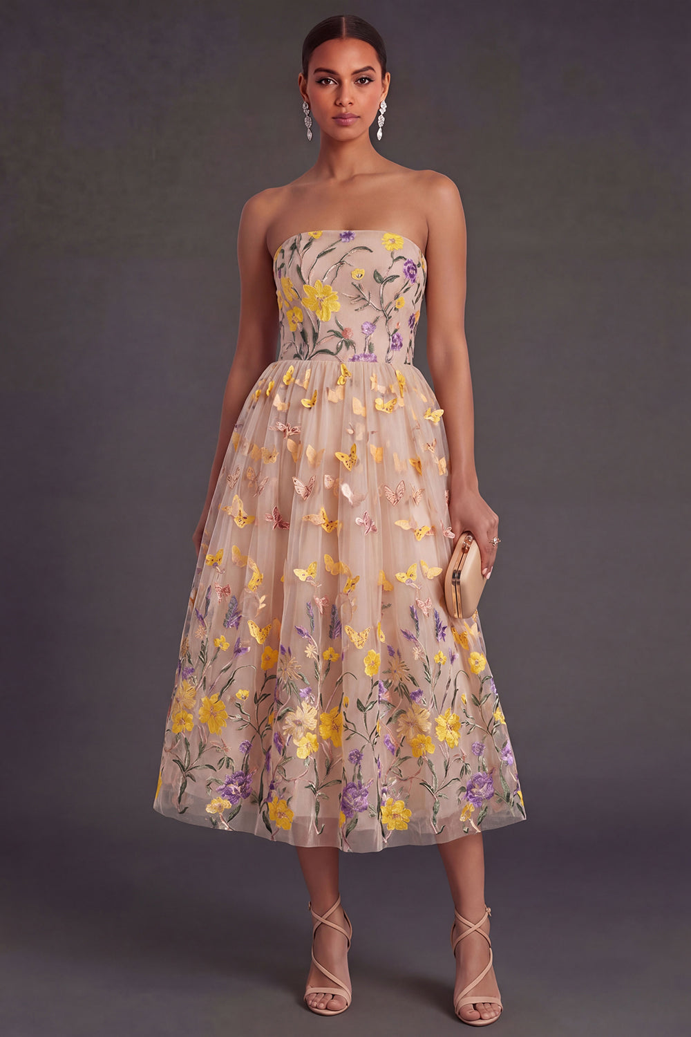 Ansley Floral Appliqué A-Line Dress in Apricot