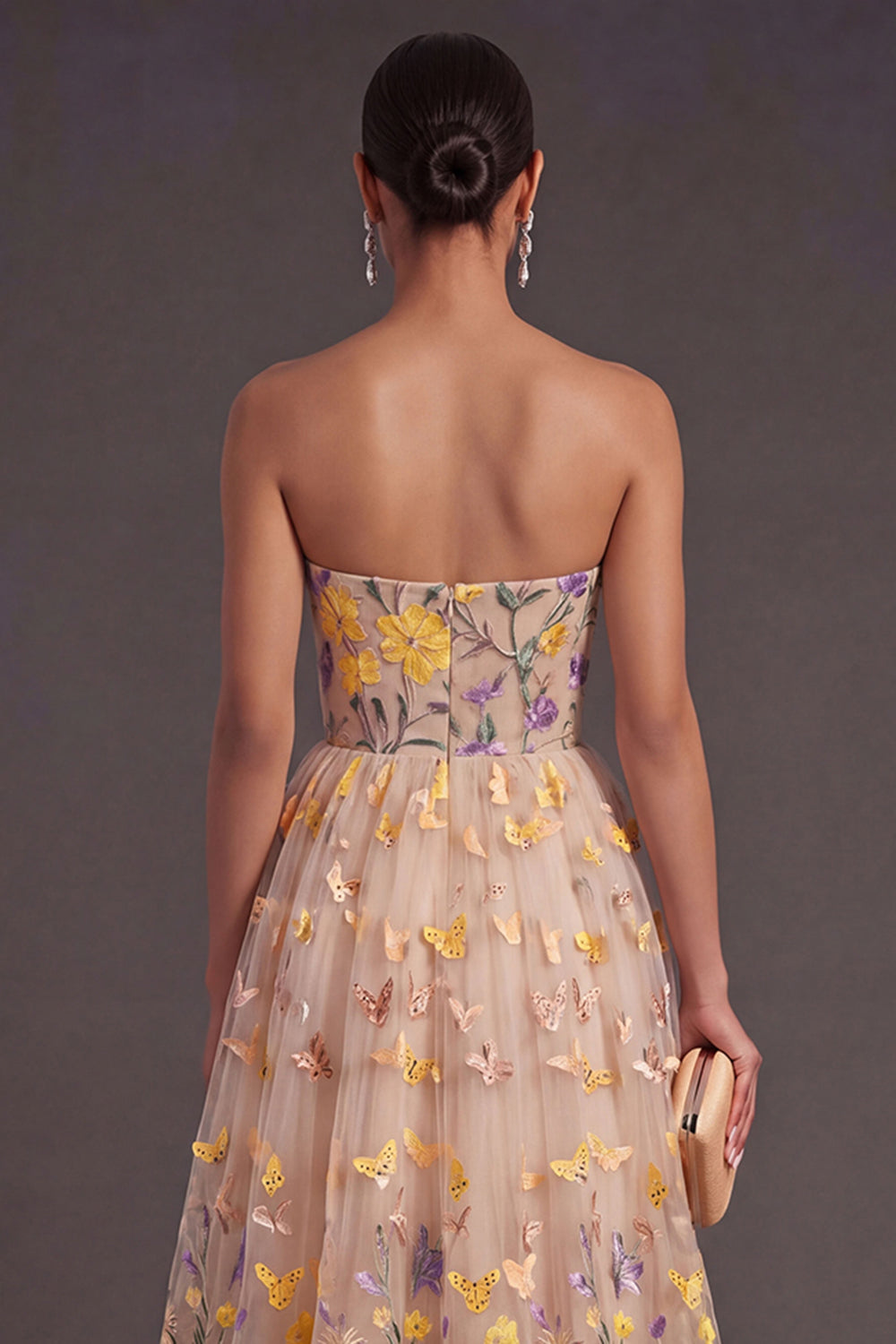 Ansley Floral Appliqué A-Line Dress in Apricot