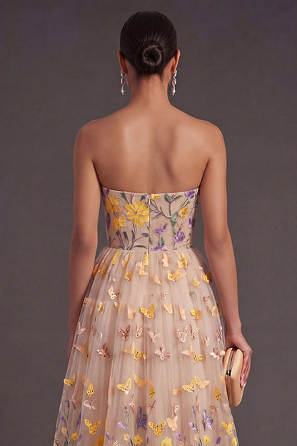 Ansley Floral Appliqué A-Line Dress in Apricot