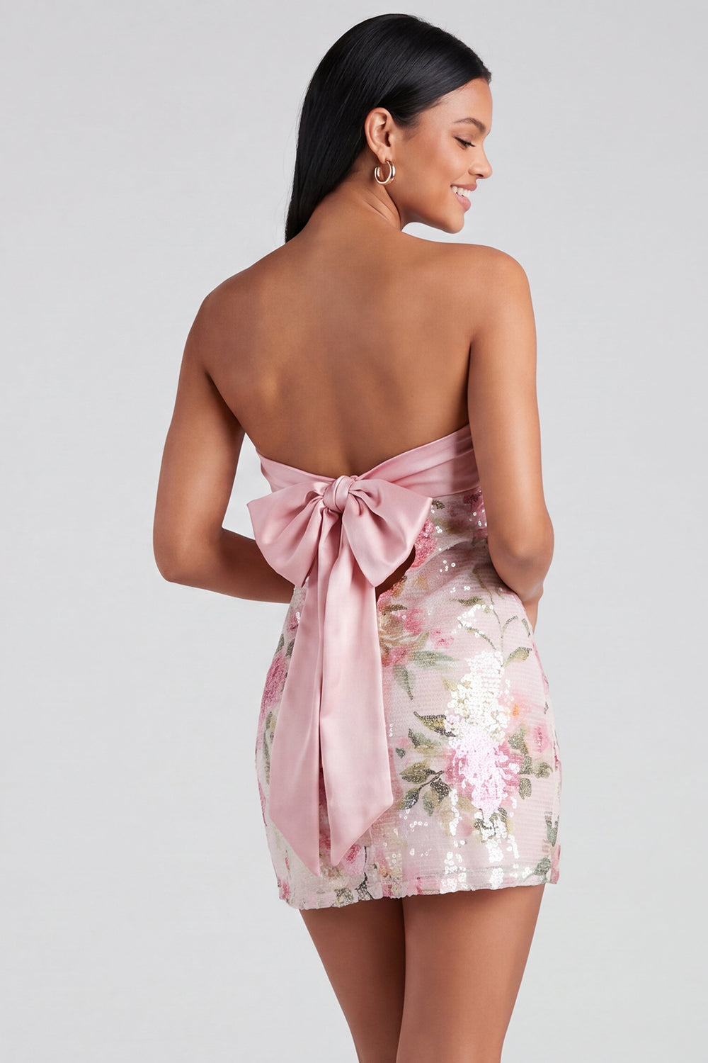 Wilhelmine Sequin Dress with Bow Back and Floral Print