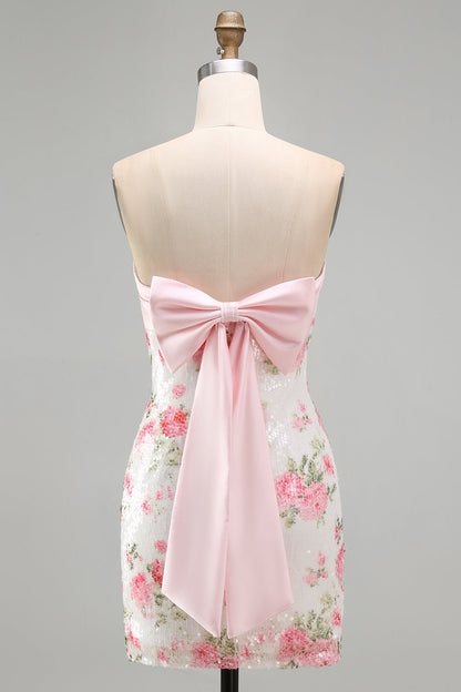 Wilhelmine Sequin Dress with Bow Back and Floral Print