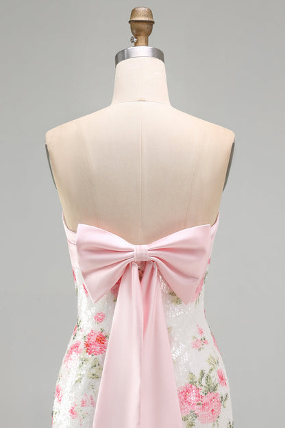 Wilhelmine Sequin Dress with Bow Back and Floral Print