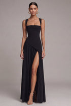 Lisbeth Black Dress with Square Neck and A-Line Skirt